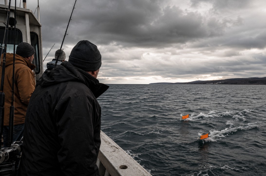Planer board trolling for fall trophy walleye on Quinte
