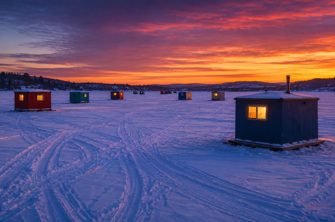 Heated ice hut village on the frozen Bay of Quinte