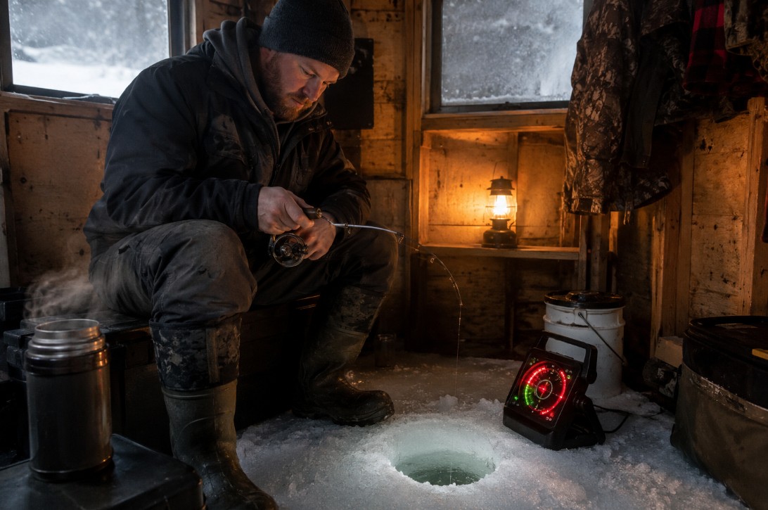 Ice fishing for walleye with a sonar flasher on Quinte